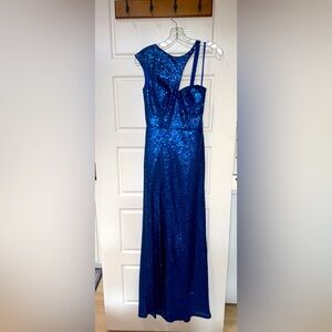 Women’s Blue Sequin Gown. One shoulder with spaghetti strap. Size 2. Open back